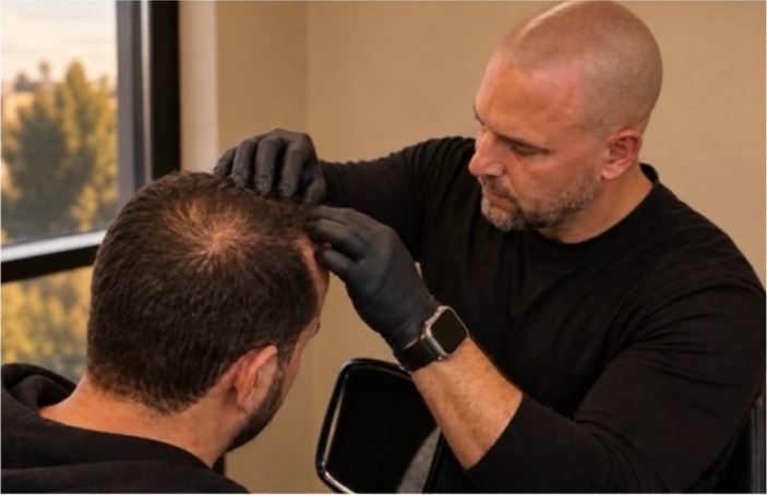 Close-up of a scalp micropigmentation treatment in progress