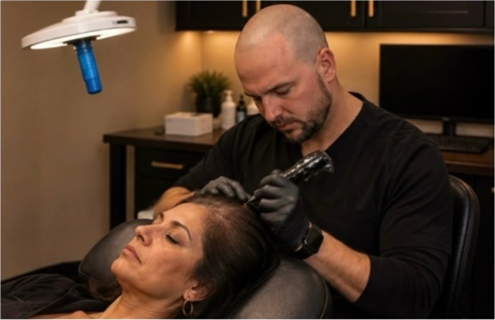 Scalp micropigmentation session for a female client at Scalpworx