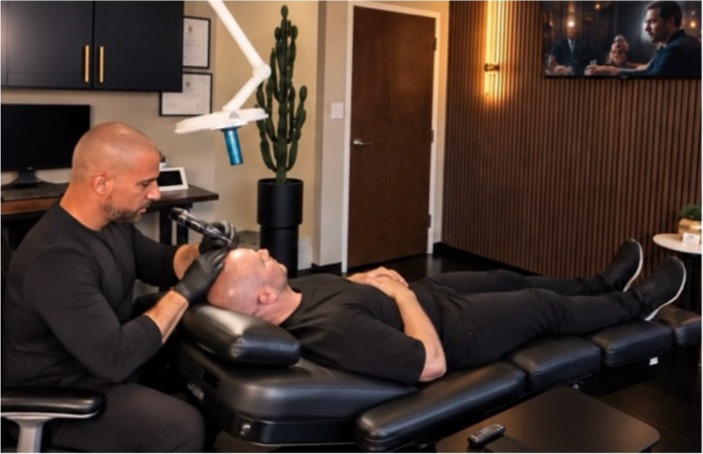 Justin Chamberland performing scalp micropigmentation on a reclined client
